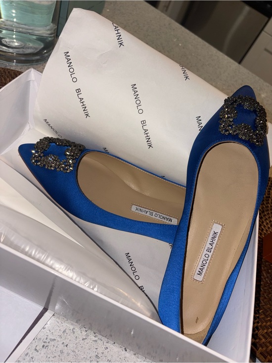 Manolo Blahnik Shoes - Manolo Blahnik Royal Blue Satin Crystal-Embellished Pointed Flats